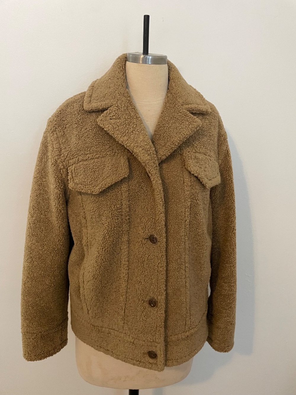 Vince Faux Sherpa Shearling Trucker Moto Jacket in Camel Tan Brown, Womens Small